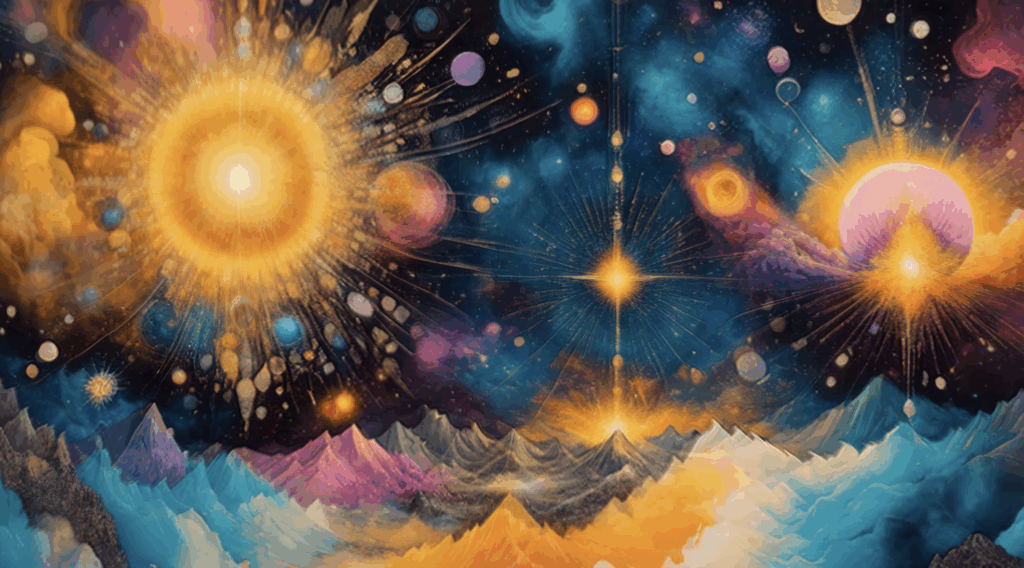 Crystalline mountains dissolving into light rays under a cosmic sky, a moment of pause in the visual journey.